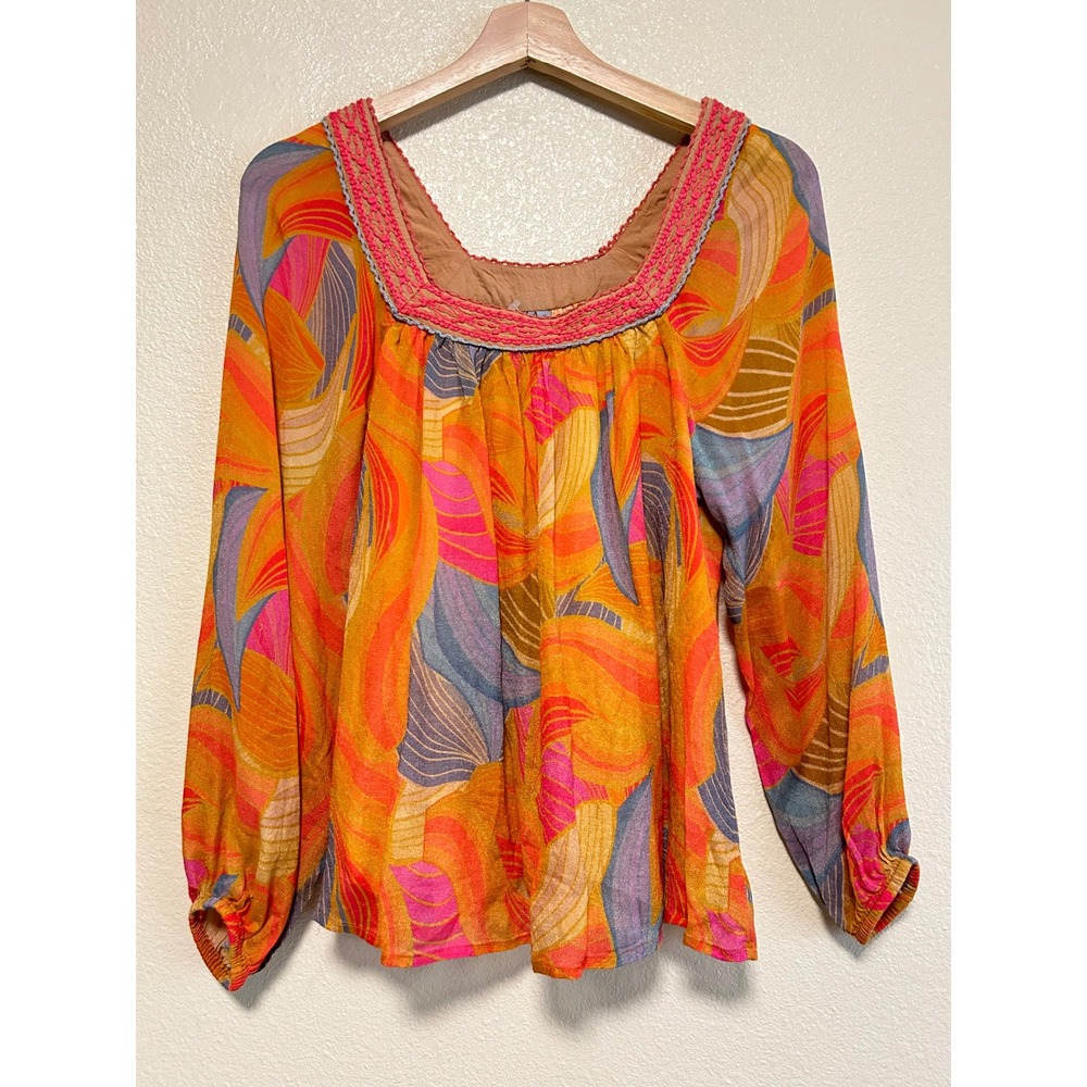 Blank London Anthropologie Orange Abstract Psychedelic Square Crochet Blouse XS